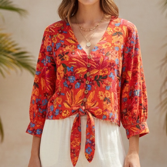 Maison D’Amelie Tops - Anthropologie Maison d'Amelie Linen Blend Floral Tie-Front Blouse Size M Red EUC